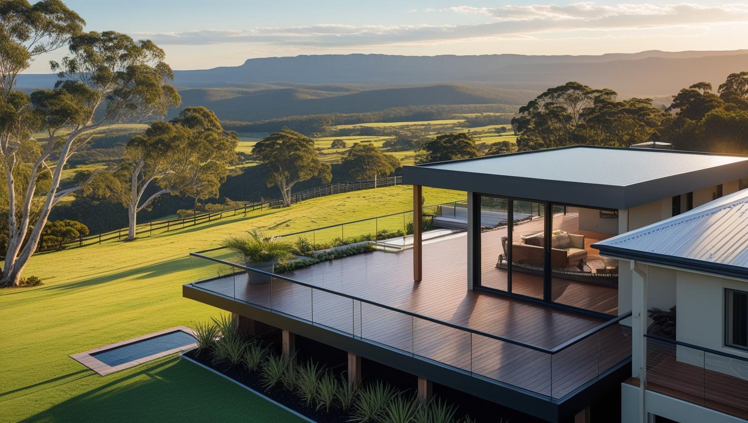 Custom elevated patio in Coolum Beach QLD with timber deck, insulated skillion roof, frameless glass doors, and Blackall Range views amid rolling hinterland scenery