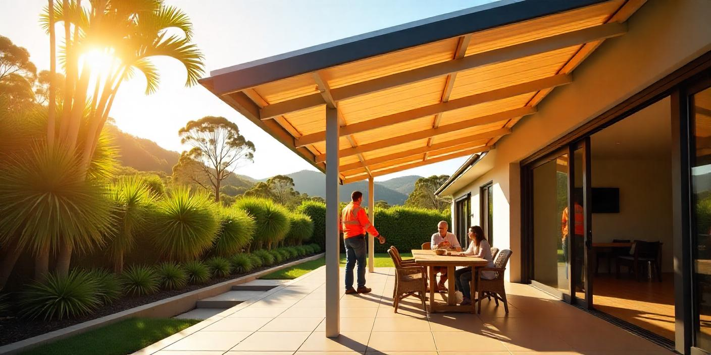 Custom elevated patio in Palmwoods QLD with timber decking, insulated skillion roof, and Blackall Range views amid rolling hills and native trees
