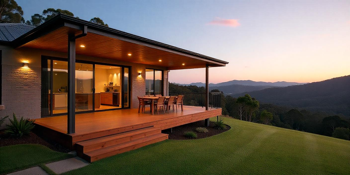 Custom elevated patio on Palmwoods QLD property with timber deck, insulated skillion roof, and Blackall Range views amid native hinterland scenery