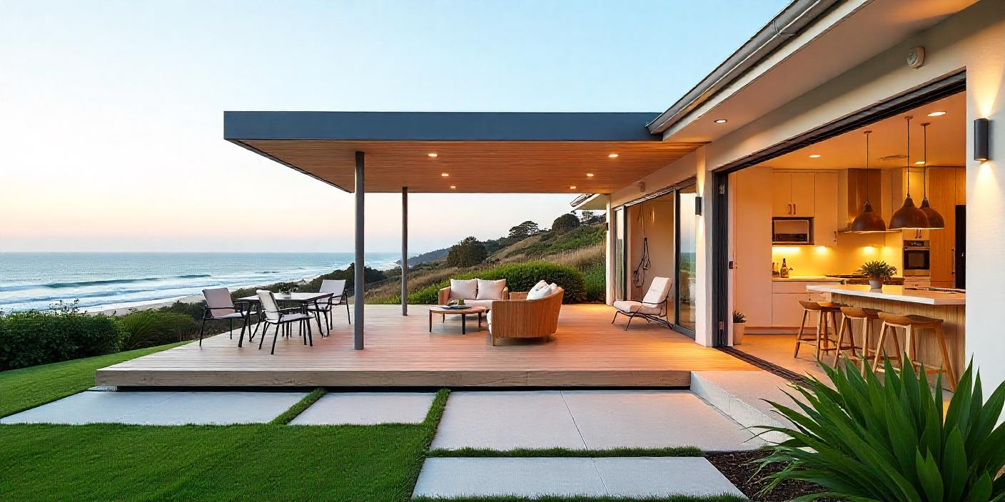 Custom patio design at Coolum Beach QLD home with insulated roof, timber decking, coastal views