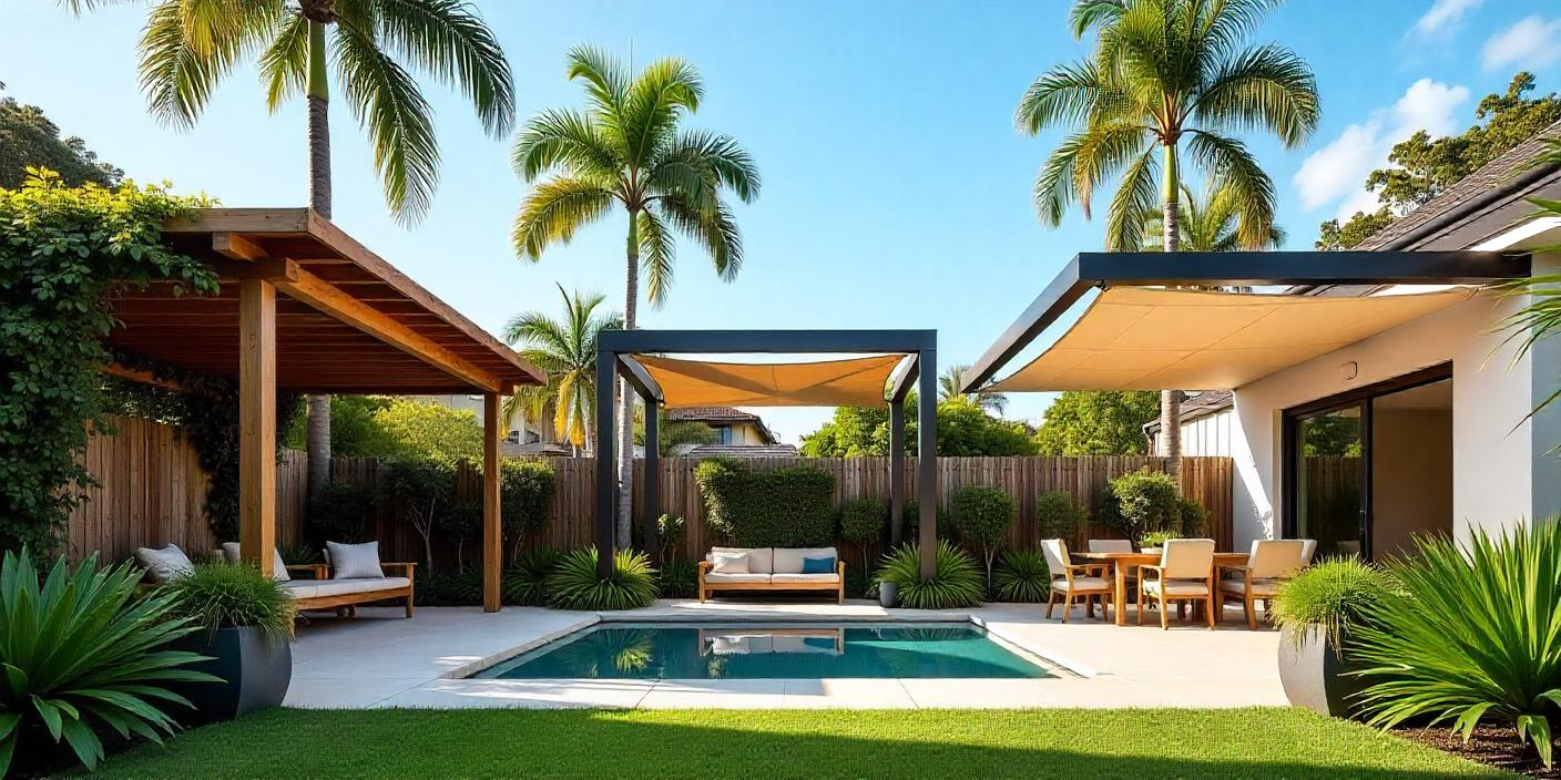 Diverse pergolas and shade structures in lush Mooloolaba QLD backyard with timber vines pergola, modern steel design, and fabric shade sail amid tropical landscaping.