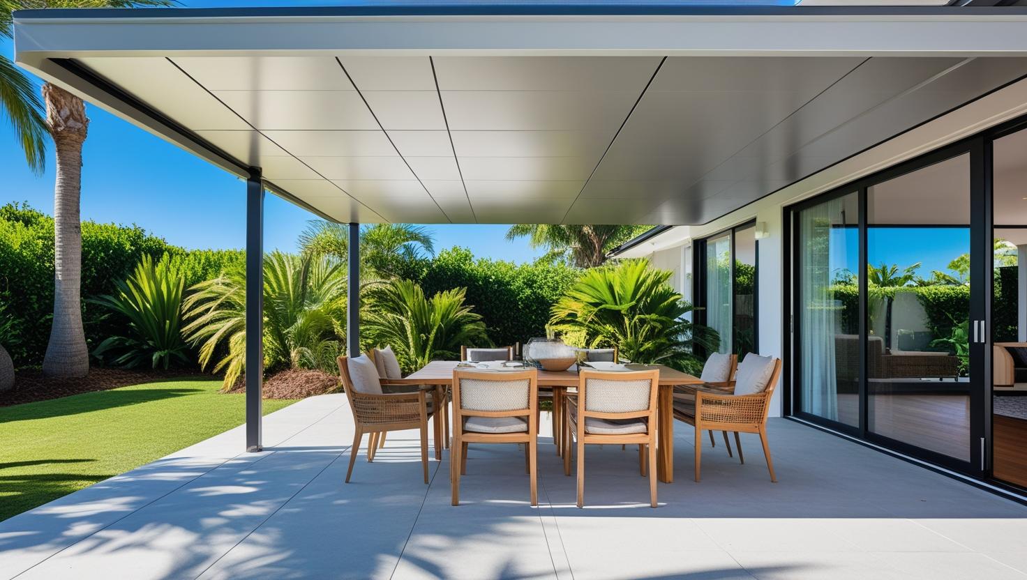 Modern insulated patio roof at Noosa QLD home with sleek design, outdoor furnishings, lush greenery, and seamless indoor-outdoor flow