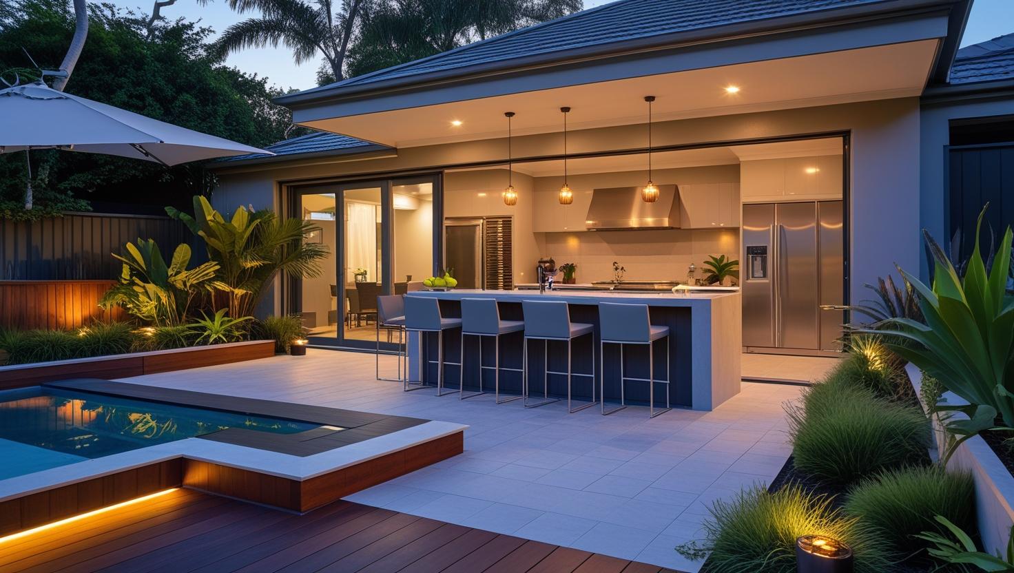 Modern outdoor entertainment area with BBQ, bar, and flexible spaces for seamless indoor-outdoor living and backyard gatherings