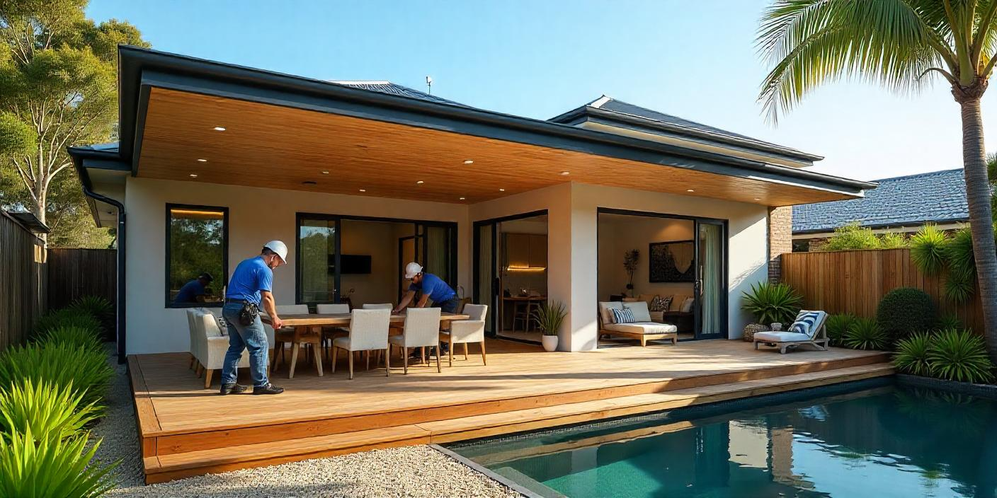 Professional patio builders in Mooloolaba QLD constructing modern timber deck and insulated roof amid tropical landscaping under blue sky